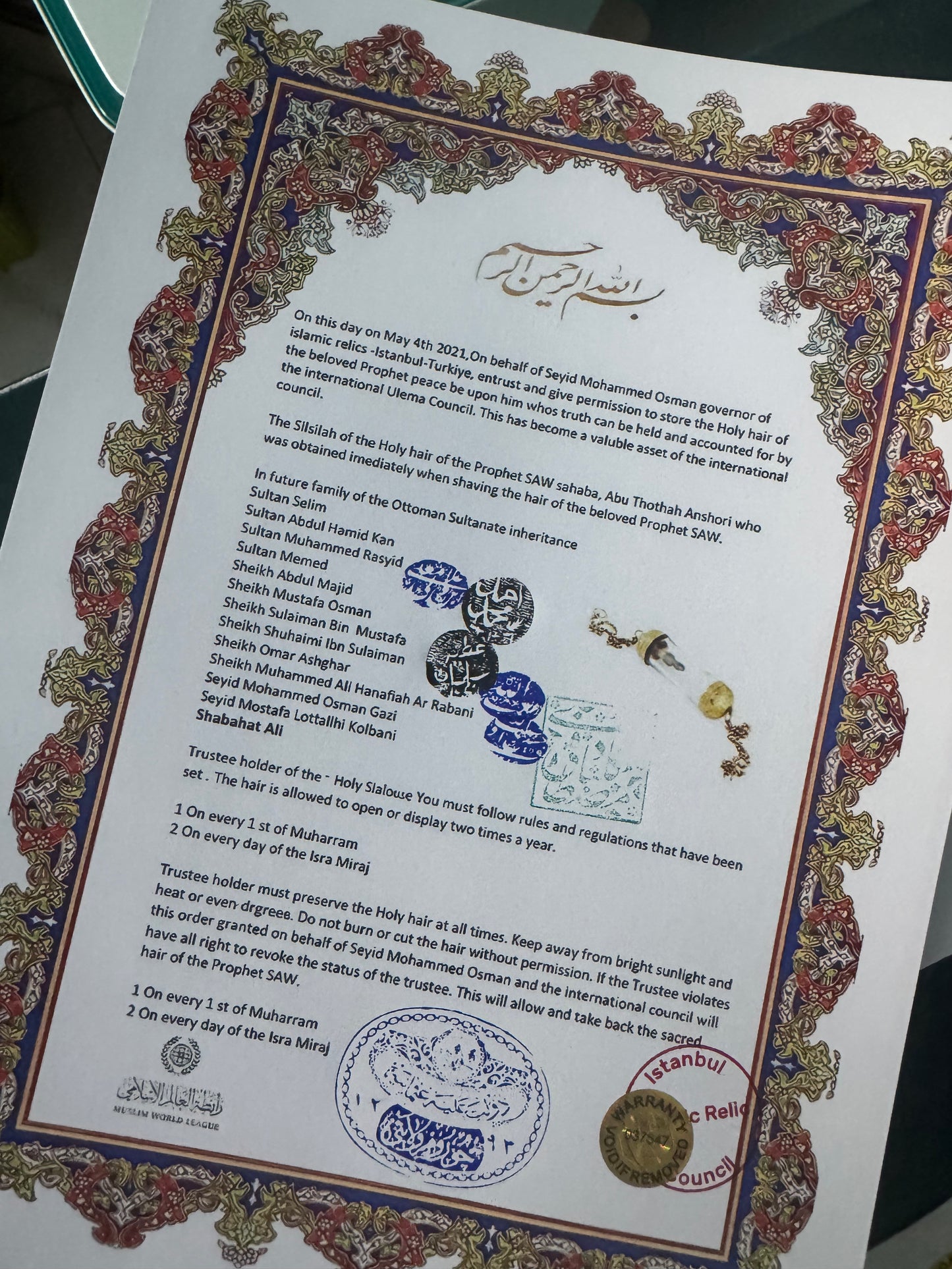 Certificate with added custodian name to document